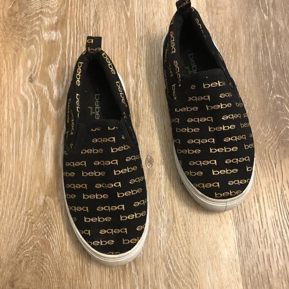 Bebe Girls Size 1 Black Gold Logo Slip-On Sneakers Shoes
